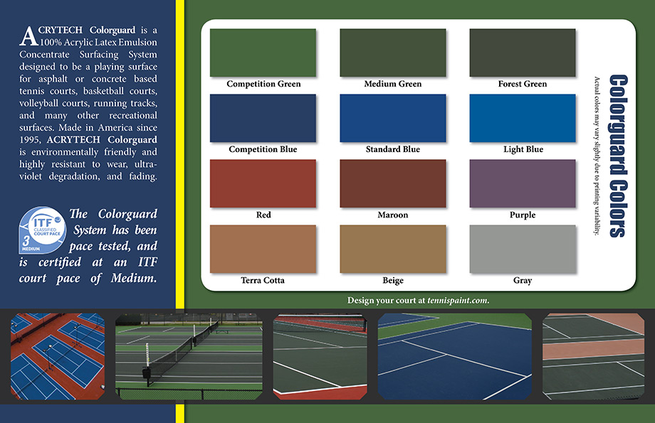 Acrytech brochure's inside, showing possible court colors