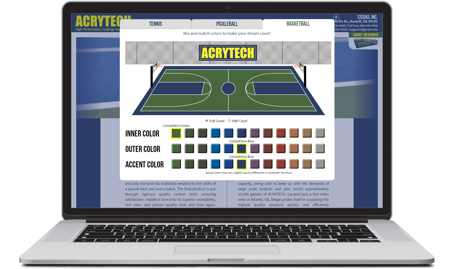 Acrytech website's court designer